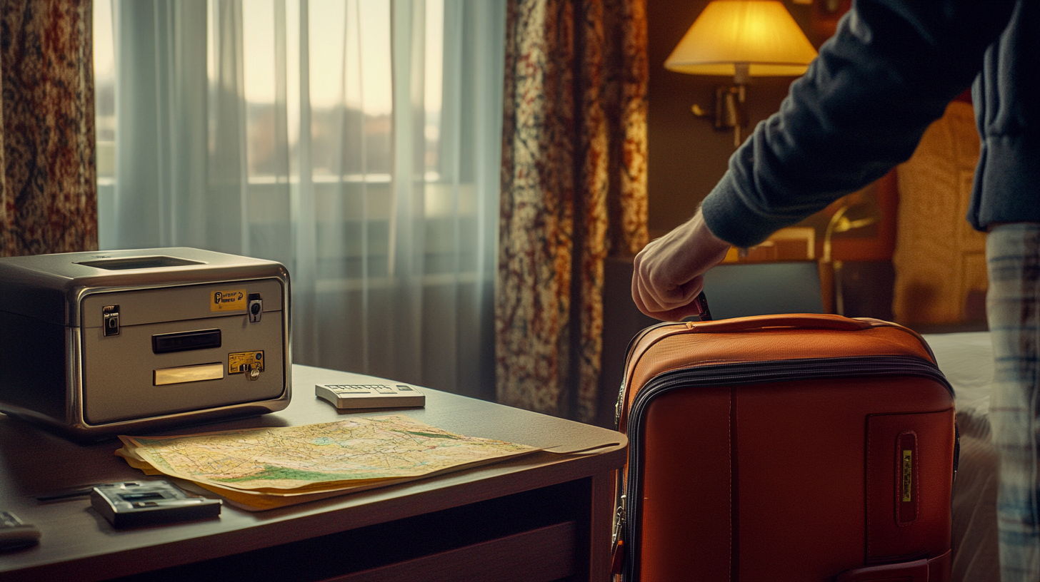 A person is holding the handle of an orange suitcase in a hotel room. On the table, there is a map, a small safe, and a notepad. The room is softly lit by a lamp, and curtains cover the window in the background.