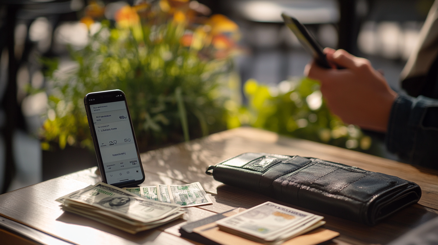 The image shows a table with a smartphone displaying a financial app, a stack of U.S. dollar bills, and a black wallet. In the background, a person is holding another smartphone. There are plants and blurred elements in the background, suggesting a casual setting.