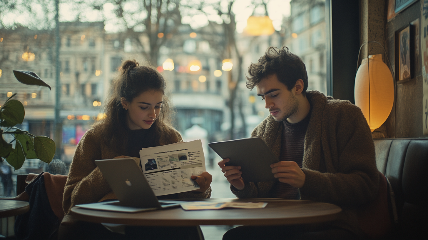 A young woman and man are sitting at a table in a cozy cafe. The woman is holding a laptop and some printed documents, while the man is looking at a tablet. They appear to be engaged in a discussion or study session. The cafe has large windows with a view of a city street outside, and there is warm lighting inside, including a lamp on the table.