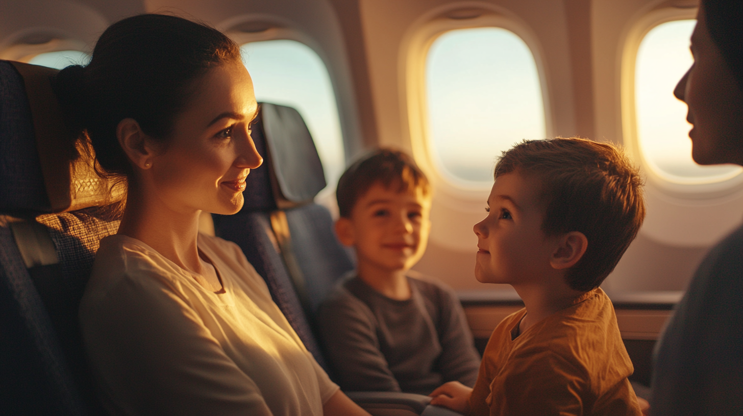 A woman and two young boys are sitting in airplane seats, illuminated by warm sunlight coming through the windows. The woman is smiling at one of the boys, who is looking up at her, while the other boy is sitting beside them, also smiling. The scene conveys a sense of warmth and togetherness during a flight.