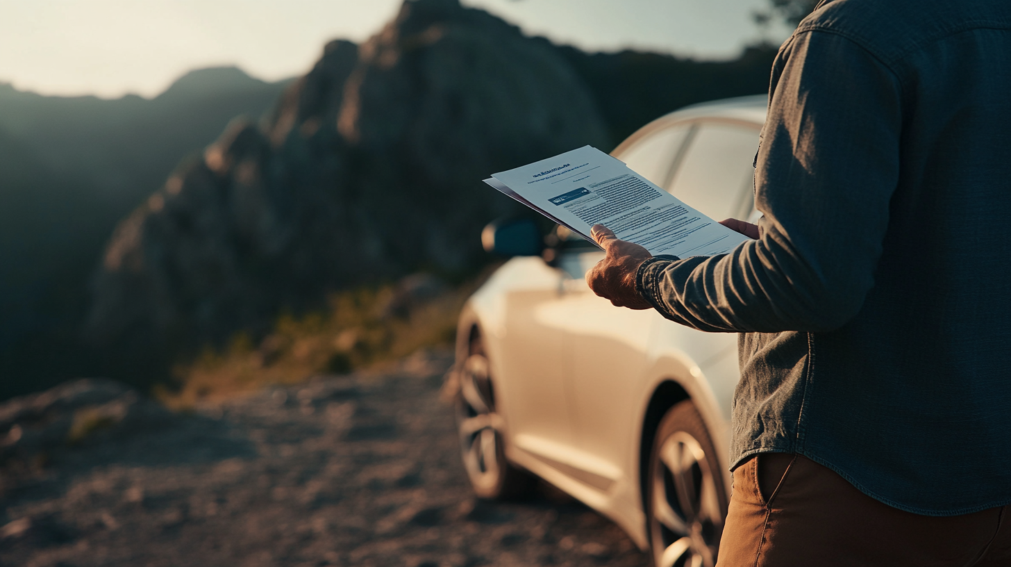 A person is standing next to a white car, holding and reading a document. The background features a scenic view of mountains and a clear sky, suggesting a remote or outdoor location. The person is wearing a denim jacket and brown pants.