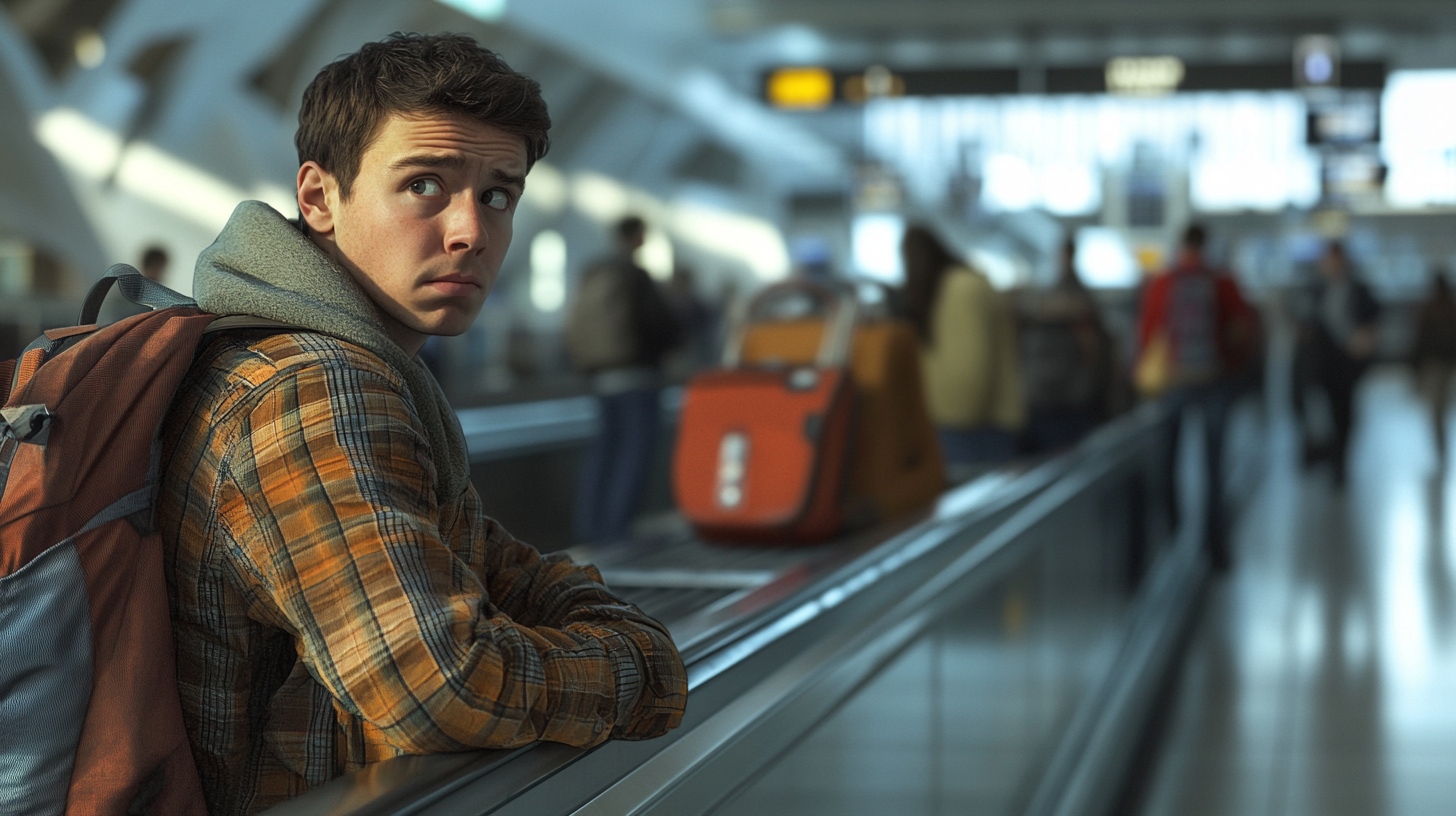 A young man with short brown hair is standing on a moving walkway in an airport. He is wearing a plaid shirt and a gray hoodie, with a backpack on his shoulders. He looks to the side with a concerned expression. The background is blurred, showing other travelers and luggage.