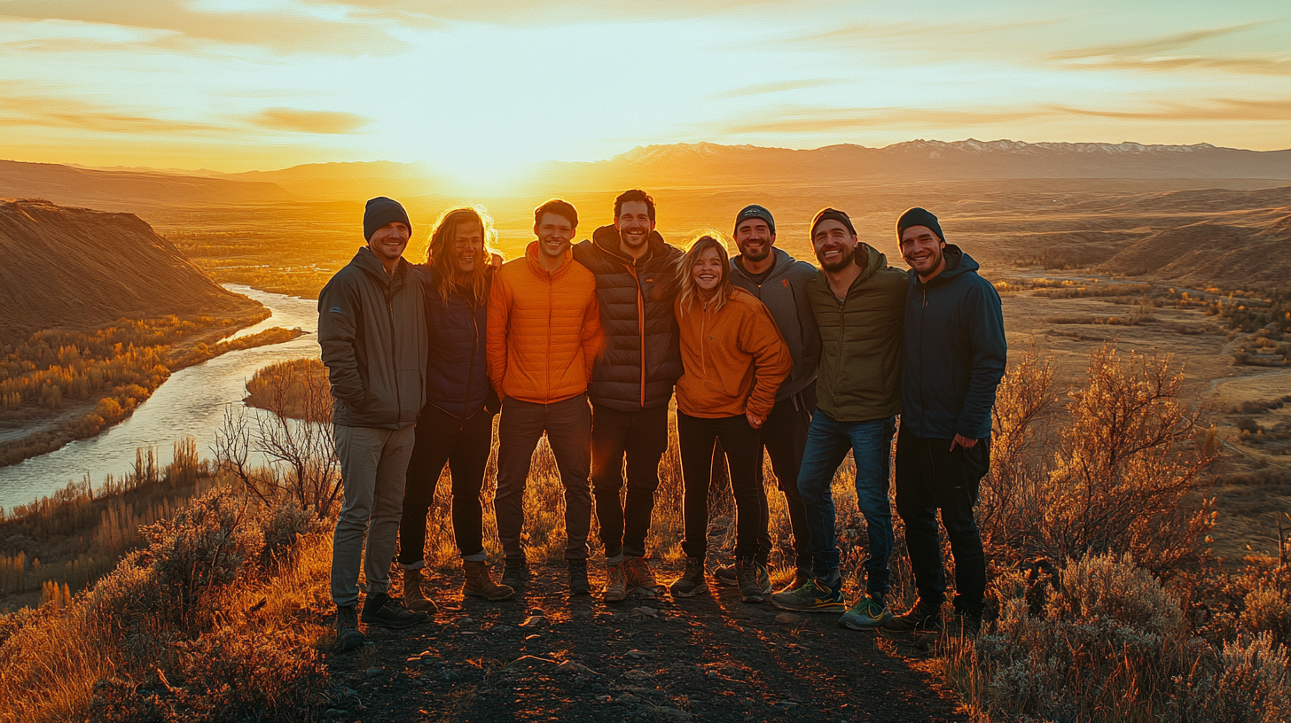 A group of eight people is standing together on a hilltop during sunset. They are dressed in outdoor clothing, including jackets and beanies. Behind them, a river winds through a valley with mountains in the distance. The sky is filled with warm colors from the setting sun, casting a golden glow over the landscape.