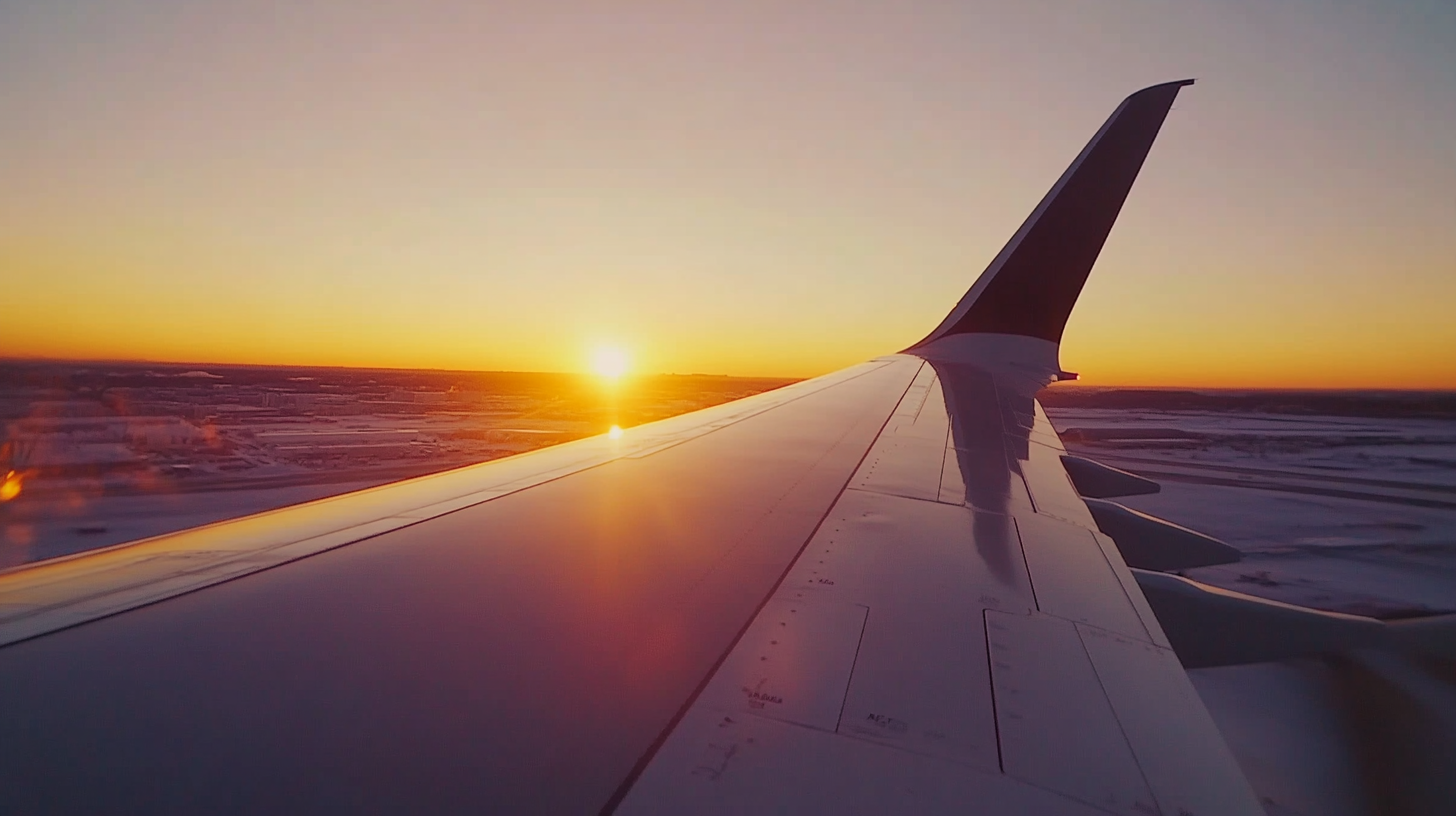 The image shows the wing of an airplane in flight during sunset. The sun is low on the horizon, casting a warm orange glow across the sky and reflecting off the wing. The landscape below is visible in the distance.