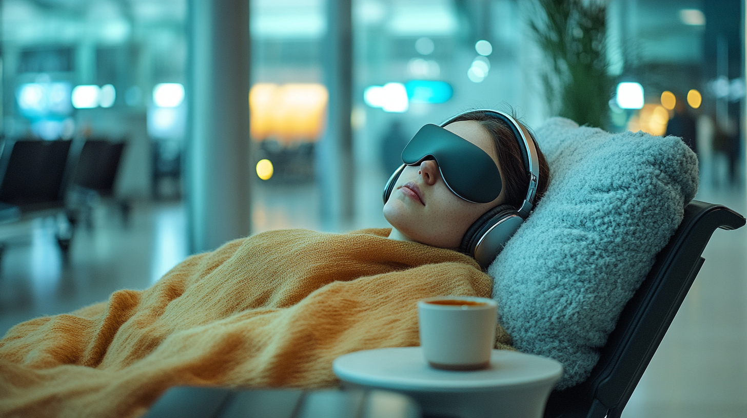 A person is reclining on a chair in an airport lounge, wearing a sleep mask and headphones. They are covered with a cozy blanket and resting on a fluffy pillow. A cup of coffee is placed on a small table beside them. The background is softly blurred, showing the interior of the airport.