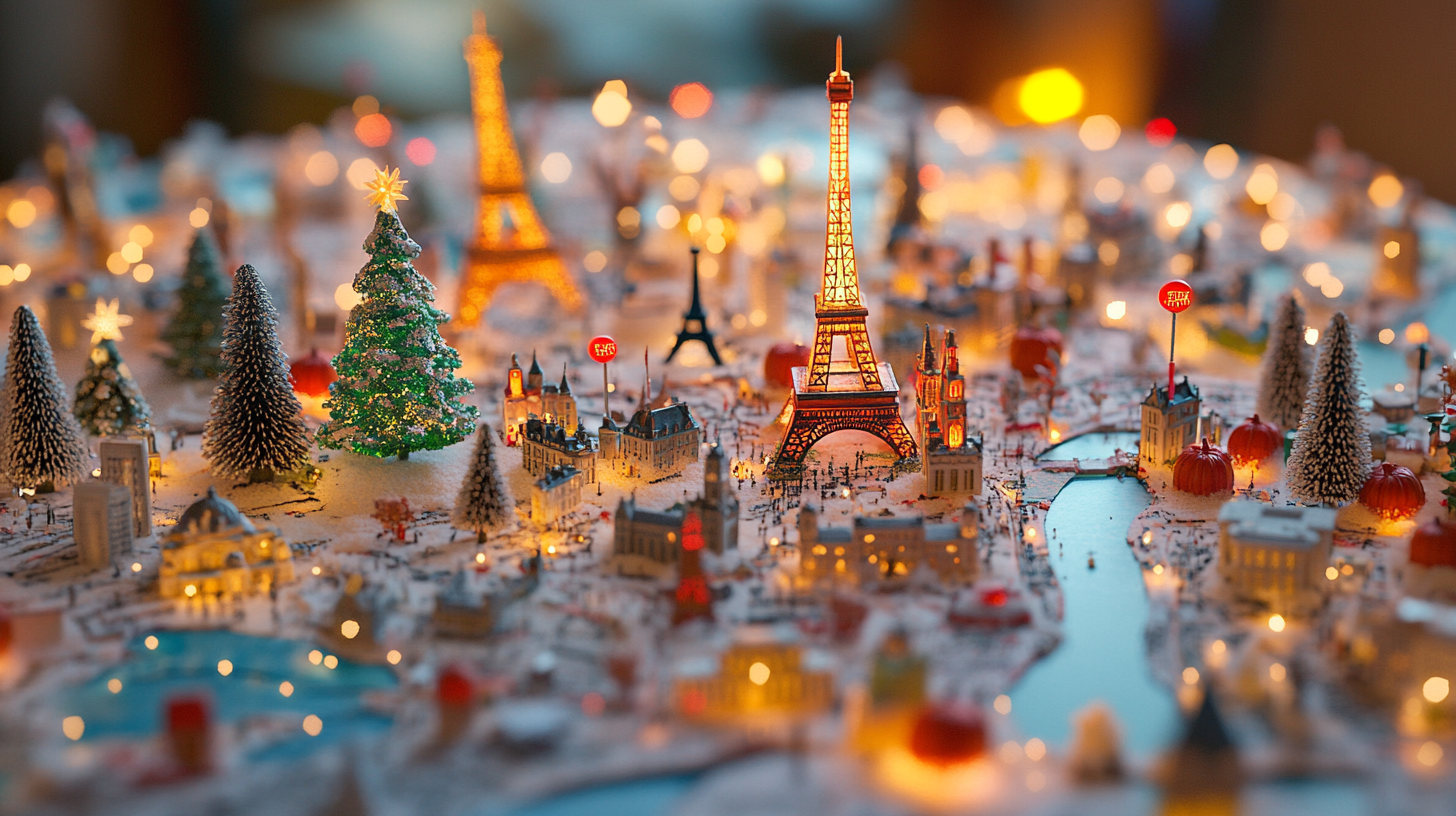 A festive miniature scene depicting a snowy cityscape with iconic landmarks, including a small Eiffel Tower. The scene is adorned with decorated Christmas trees and illuminated with warm lights, creating a cozy and cheerful holiday atmosphere.