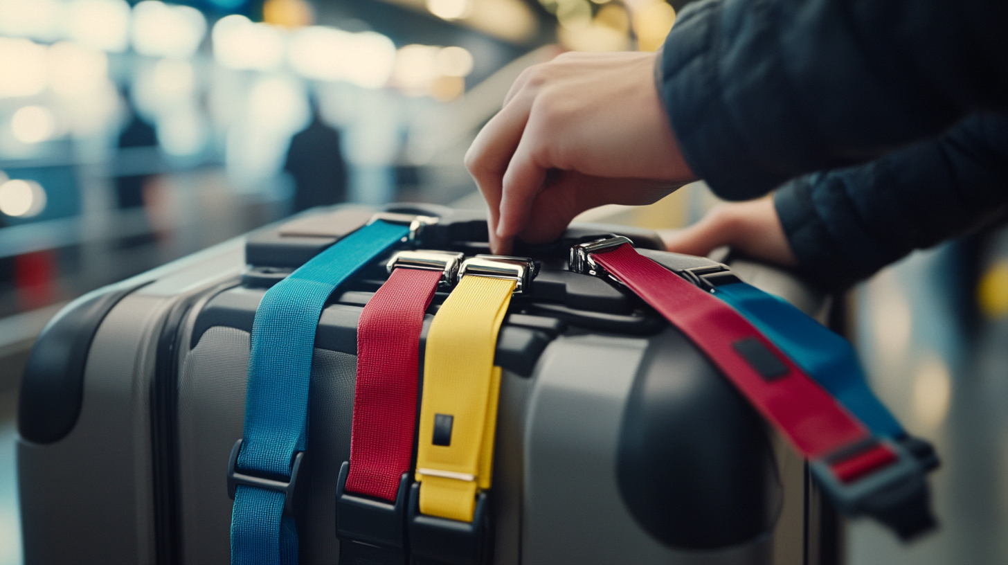 A person is adjusting colorful straps on a suitcase. The suitcase is silver with black accents, and the straps are blue, red, and yellow. The background is blurred, suggesting a busy environment, possibly an airport or train station.