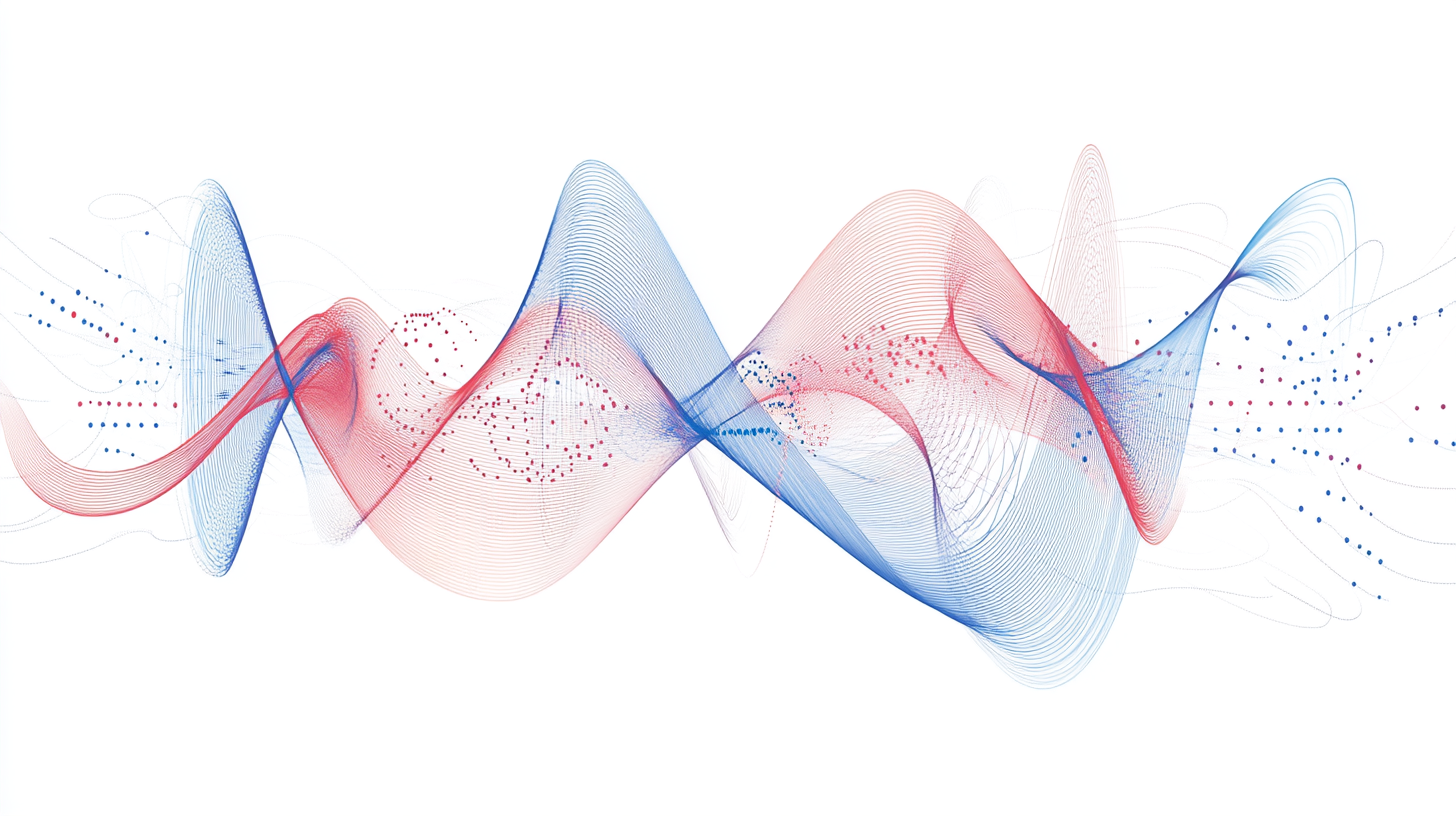 The image features an abstract design with flowing, intertwined lines in red and blue. The lines form wave-like patterns and are interspersed with small dots in matching colors, creating a dynamic and fluid appearance against a white background.