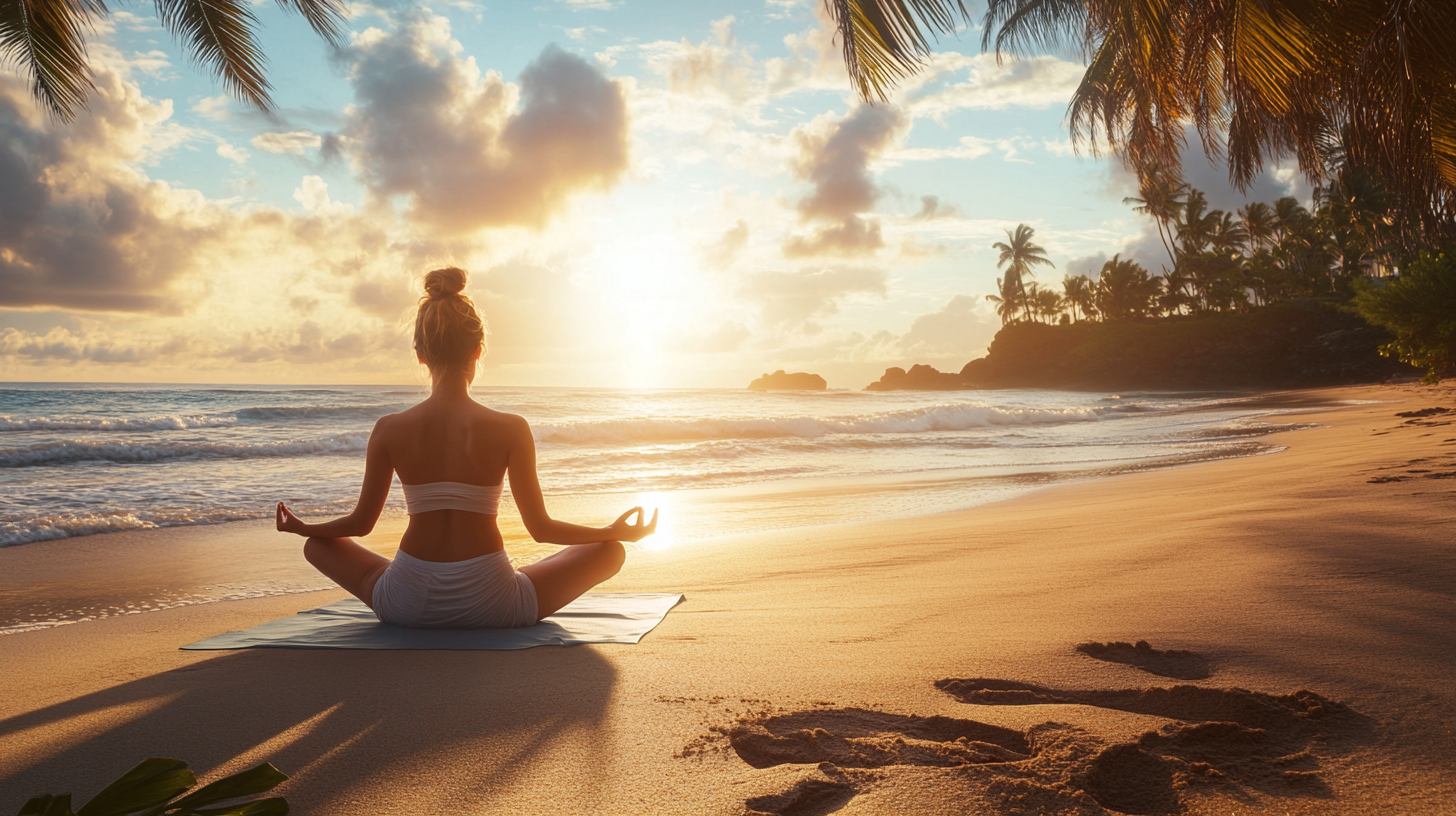 A person is sitting in a meditative pose on a beach during sunset. They are on a yoga mat, facing the ocean, with palm trees and a rocky outcrop in the background. The sky is filled with clouds, and the sun is low on the horizon, casting a warm glow over the scene.