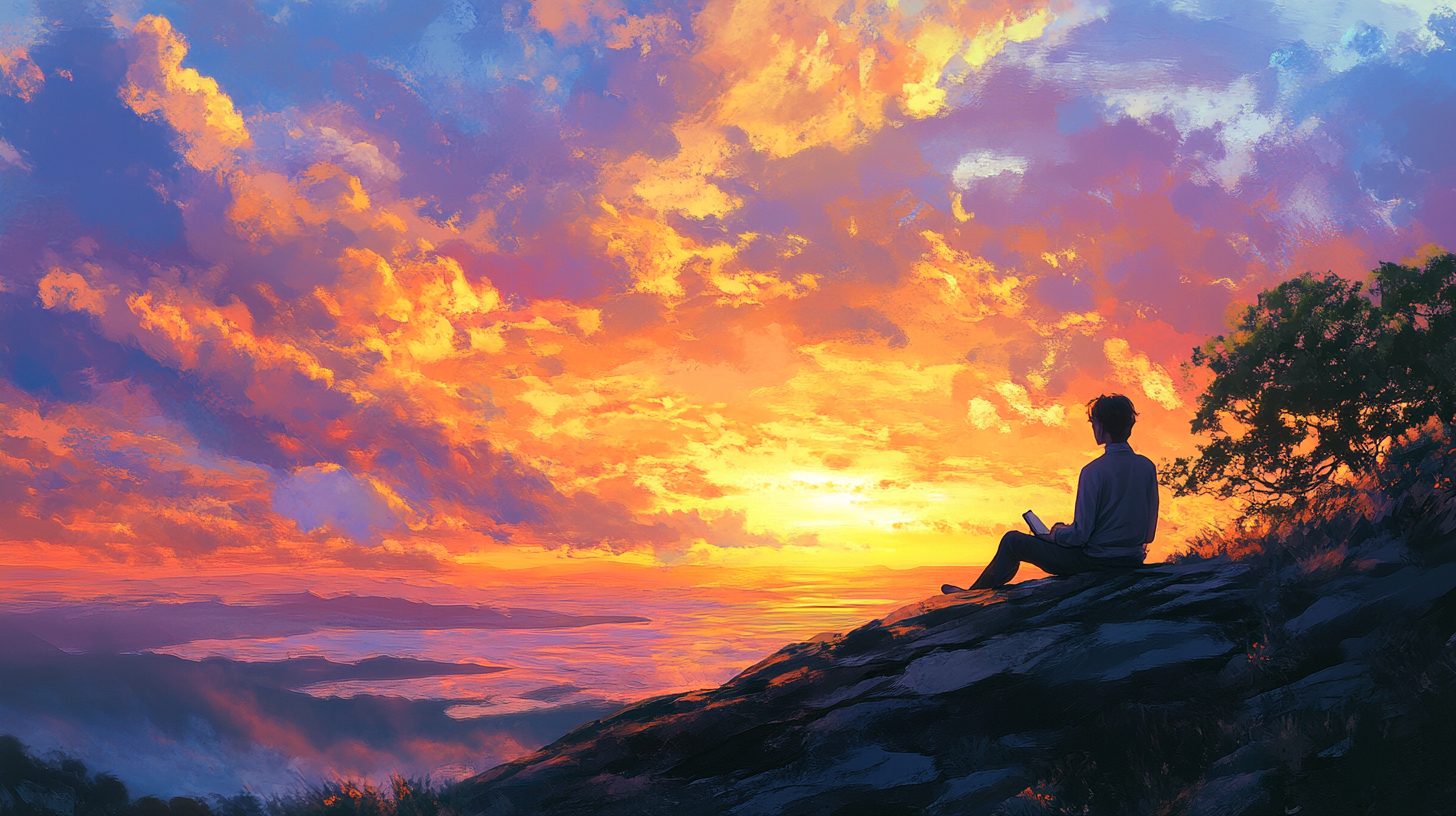 A person is sitting on a rocky hill, watching a vibrant sunset. The sky is filled with dramatic clouds in shades of orange, pink, and purple. The person appears to be holding a book or tablet, and there is a tree nearby. The scene conveys a sense of tranquility and contemplation.