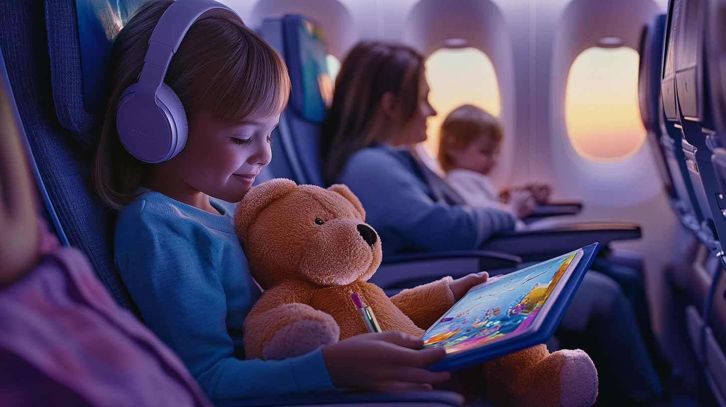 A young child is sitting on an airplane, wearing headphones and holding a teddy bear. The child is looking at a tablet with colorful images on the screen. In the background, a woman and another child are seated, with a view of the sunset through the airplane window.