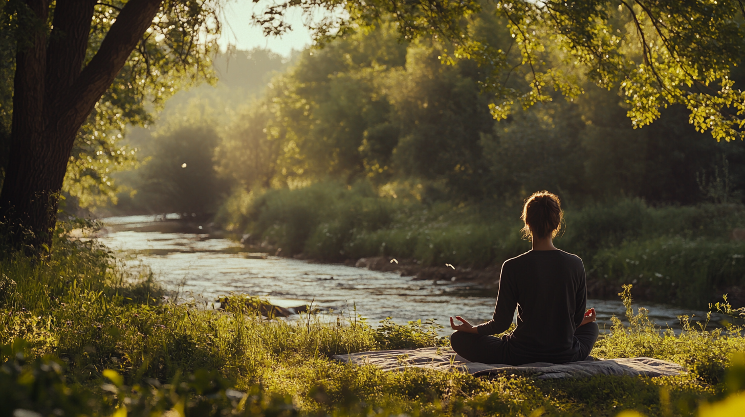 A person is sitting cross-legged on a blanket in a meditative pose by a tranquil river. The scene is surrounded by lush greenery and trees, with sunlight filtering through the leaves, creating a peaceful and serene atmosphere.