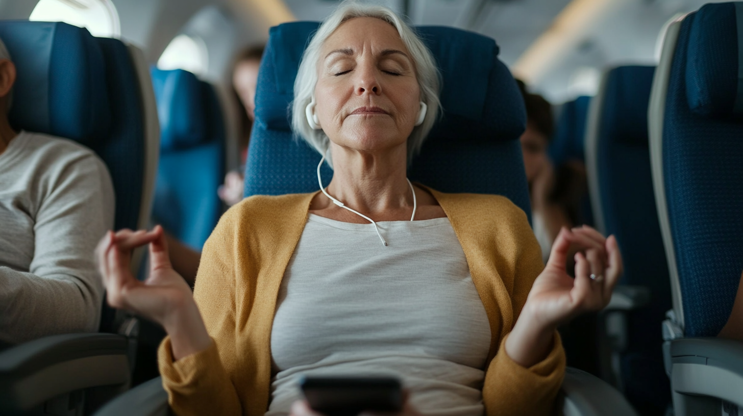 A woman with short gray hair is sitting in an airplane seat, wearing headphones and a mustard-colored cardigan. She has her eyes closed and is holding a smartphone in her lap, with her hands in a meditative pose. The airplane cabin is visible in the background.