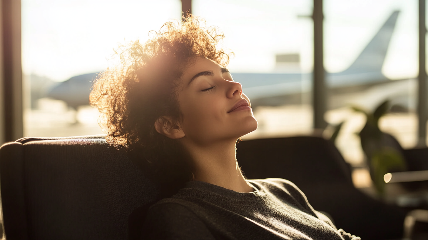 A person with curly hair is sitting in an airport lounge, leaning back with eyes closed and a relaxed expression. Sunlight is streaming in through large windows, and a blurred airplane is visible in the background.