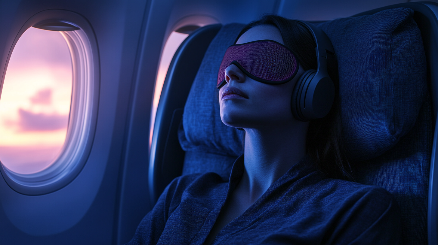 A person is sitting in an airplane seat, wearing a sleep mask and headphones. The cabin is dimly lit, and the window shows a colorful sunset sky.