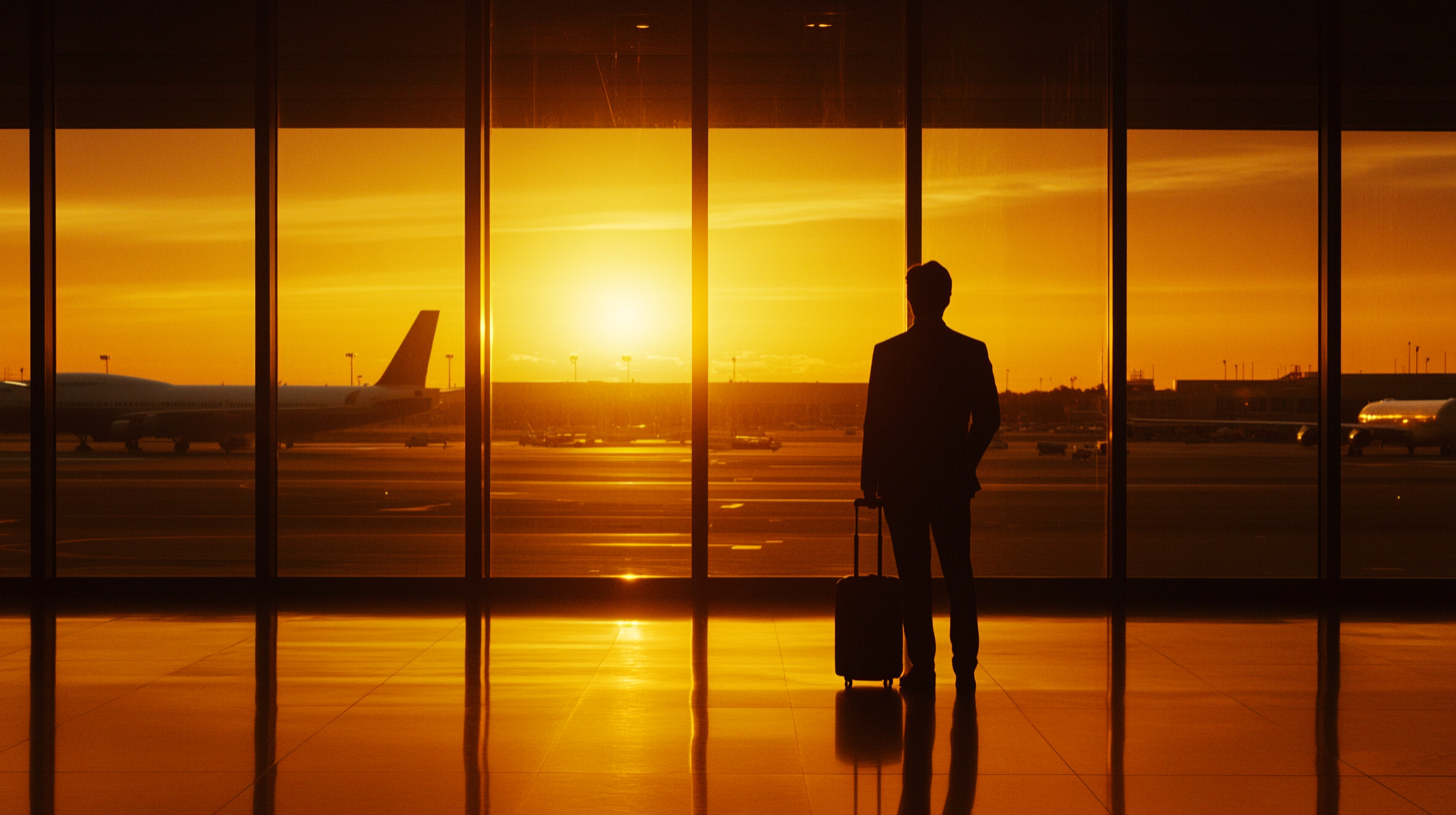 A silhouette of a person with a suitcase stands in an airport terminal, looking out at the runway through large windows. The scene is illuminated by a vibrant orange sunset, with airplanes visible outside.
