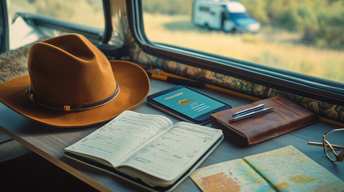 The image shows a cozy scene inside a vehicle, likely a camper van. On a wooden table by the window, there is a brown fedora hat, an open notebook with handwritten notes, a smartphone, a leather-bound journal with two pens on top, and a folded map. Outside the window, a blurred view of a van and greenery can be seen.