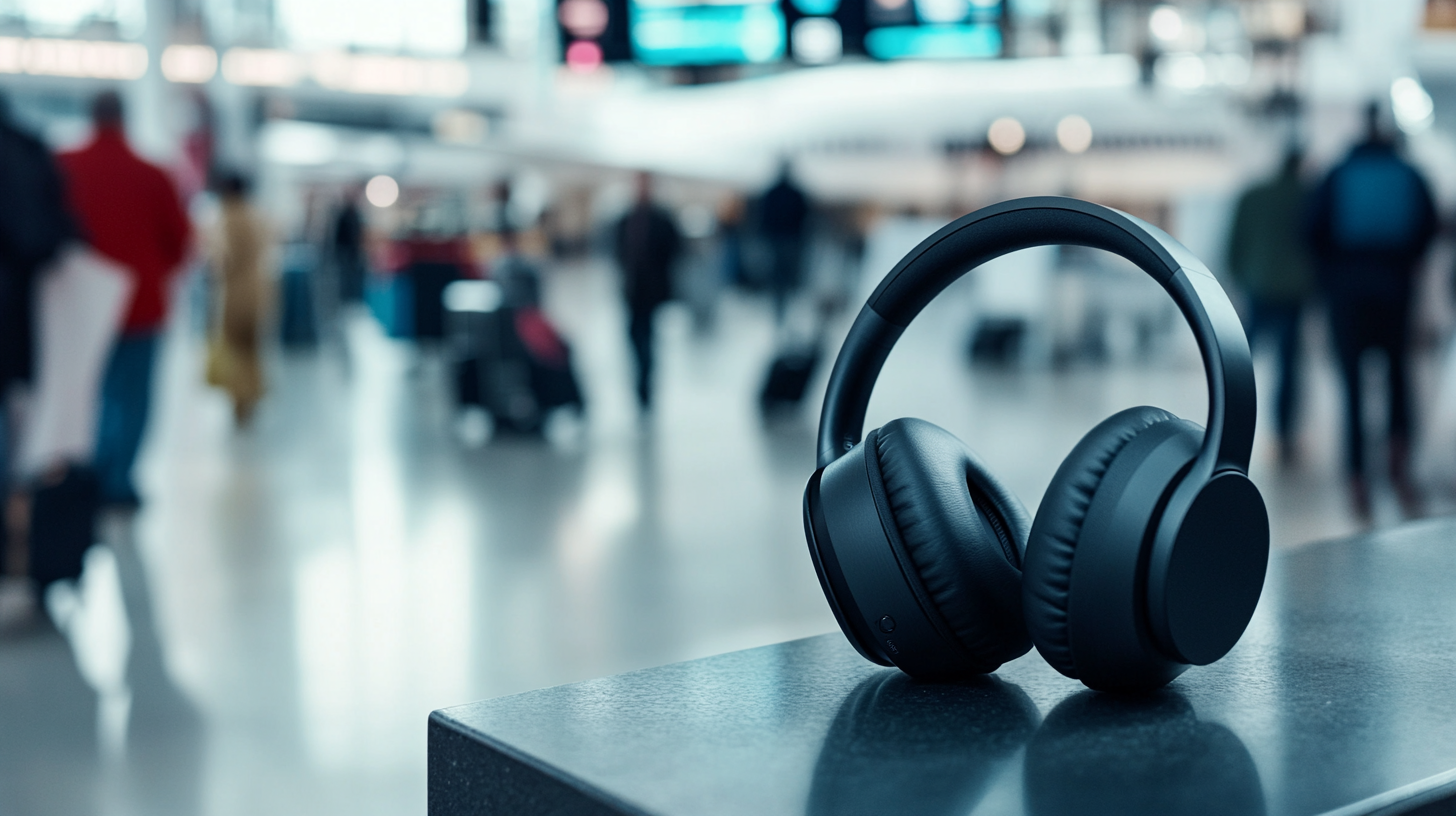 A pair of black over-ear headphones is placed on a table in an airport terminal. The background is blurred, showing people walking and carrying luggage, with digital flight information boards visible above.