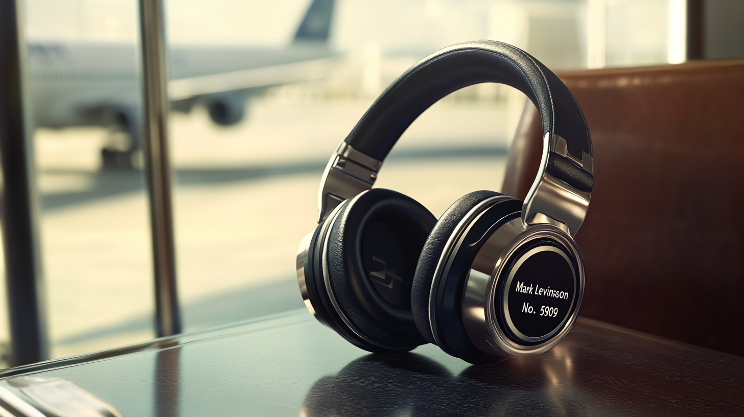 A pair of sleek, black and silver over-ear headphones is resting on a reflective surface. The headphones have "Mark Levinson No. 5909" written on the side. In the background, there is a blurred view of an airport with an airplane visible through large windows.