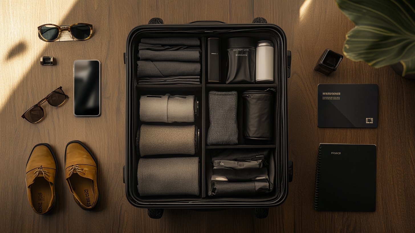The image shows a neatly packed suitcase with various clothing items and accessories organized inside. Next to the suitcase on a wooden surface are a pair of brown shoes, two pairs of sunglasses, a smartphone, a small bottle, a notebook, and a closed black book or planner. A green plant is partially visible in the top right corner.