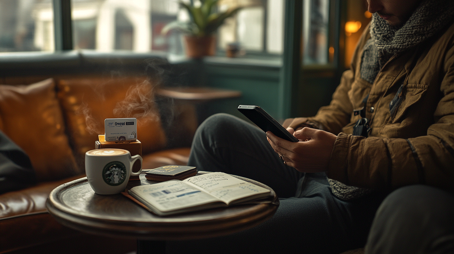 A person is sitting in a cozy cafe, holding a smartphone. On the small round table in front of them, there is a steaming cup of coffee with a Starbucks logo, an open notebook with handwritten notes, a passport, and a small cardholder. The background features a leather couch and a window with a potted plant, creating a warm and inviting atmosphere.