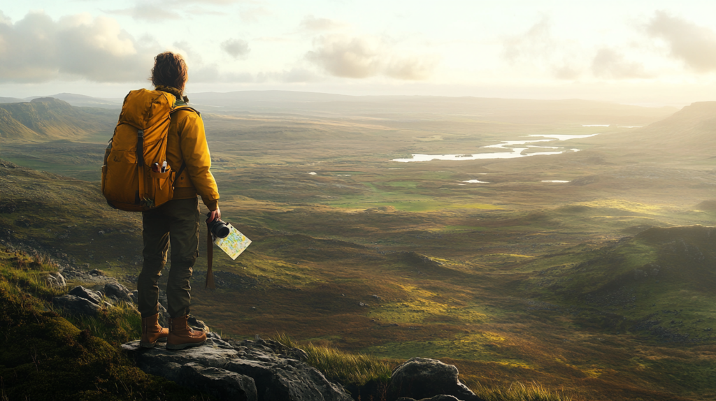 A person wearing a yellow jacket and carrying a large backpack stands on a rocky outcrop, overlooking a vast, open landscape. The scene features rolling hills, patches of green grass, and a winding river under a cloudy sky. The person holds a map and a camera, suggesting they are hiking or exploring the area.