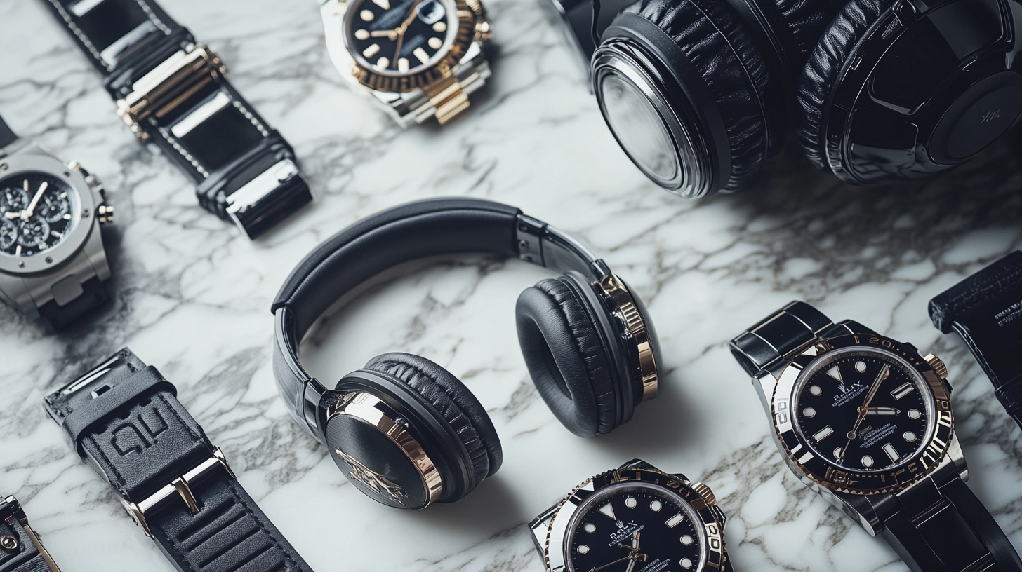 The image shows a collection of luxury watches and a pair of over-ear headphones arranged on a marble surface. The watches have black dials and metal bands, while the headphones are black with metallic accents.