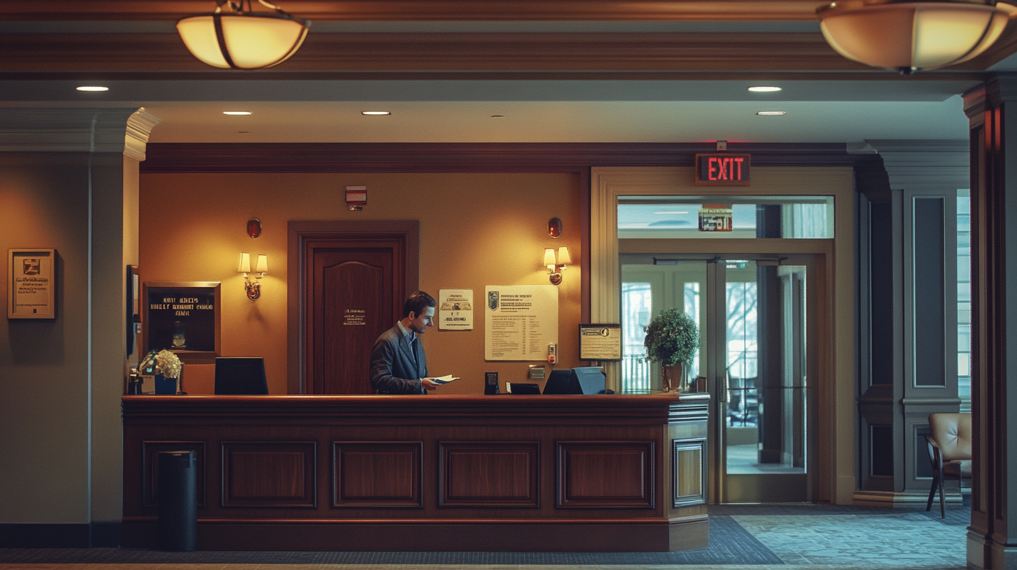 A hotel lobby with a reception desk. A man in a suit is standing behind the desk, looking at a book or document. The desk is made of wood and has a computer and a potted plant on it. There are wall sconces providing warm lighting, and an exit sign is visible above a set of glass doors in the background. The decor is elegant and traditional.