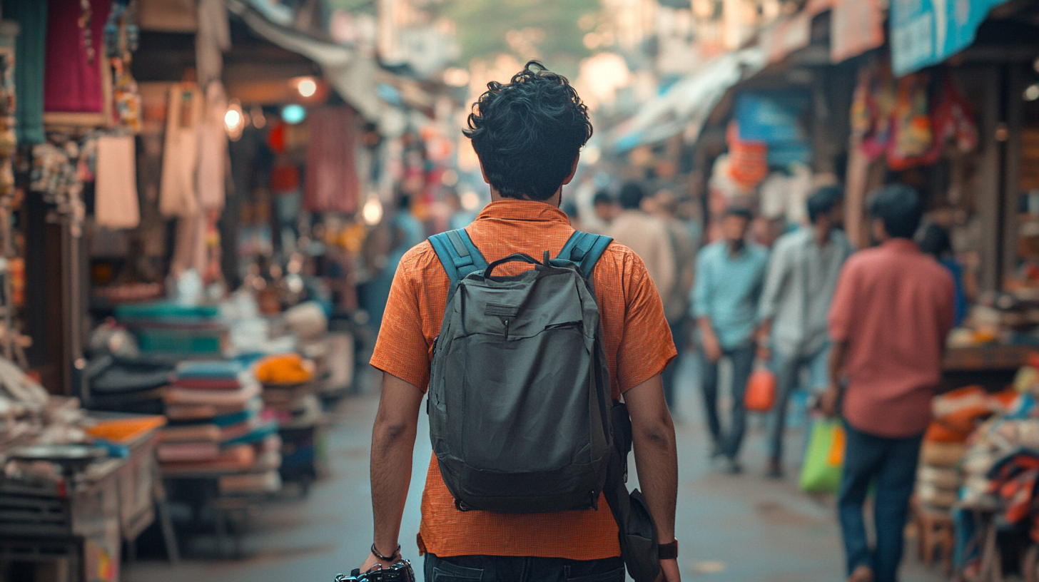 A person with curly hair, wearing an orange shirt and a backpack, is walking through a busy market street. The scene is bustling with people and various stalls displaying colorful goods on either side. The atmosphere is lively and vibrant.