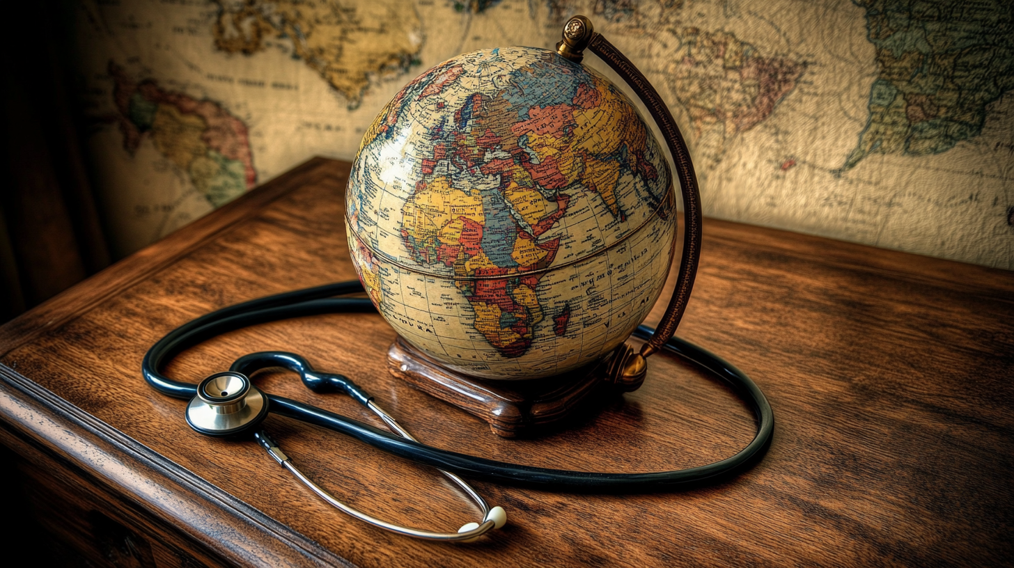 The image shows a vintage globe placed on a wooden surface with a stethoscope draped around it. The background features a map, adding to the theme of global health or travel.