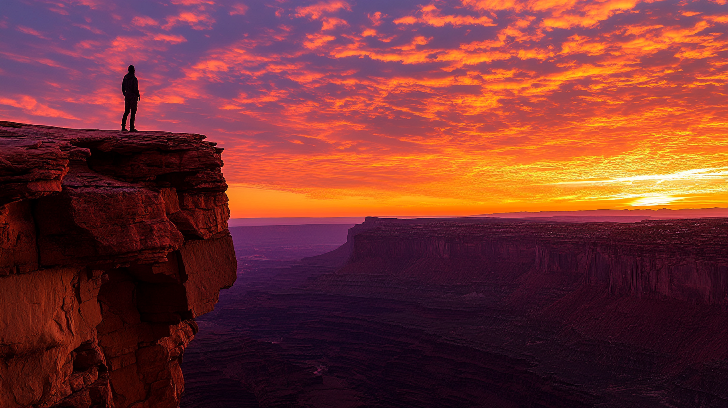 A person stands on the edge of a rocky cliff, silhouetted against a vibrant sunset. The sky is filled with dramatic orange and purple clouds, and the landscape below features deep canyons and mesas.