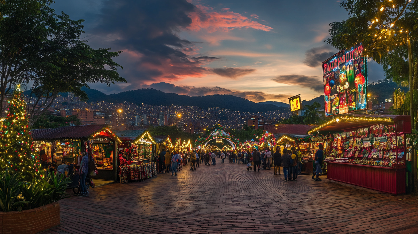 a crowd of people walking on a brick road with lights