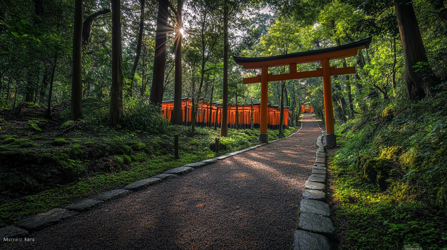 A serene forest path lined with vibrant orange torii gates, leading through lush greenery. Sunlight filters through the trees, casting dappled shadows on the ground. The path is bordered by moss-covered stones, creating a tranquil and inviting atmosphere.