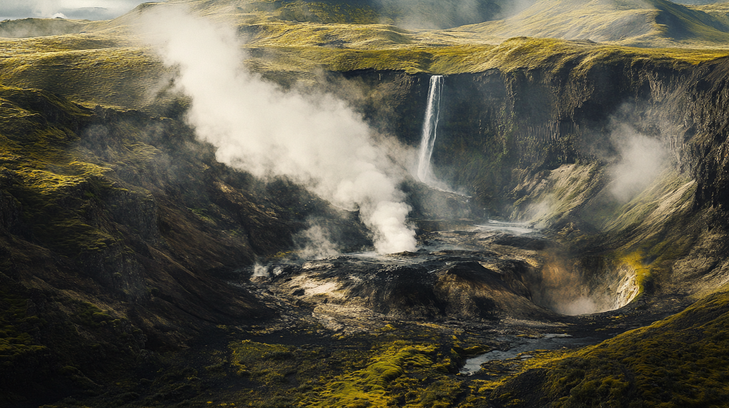 Aerial view of a rugged volcanic landscape with steam rising from the ground. A waterfall cascades down a cliff in the background, surrounded by green moss-covered hills. The scene is dramatic and natural, showcasing geothermal activity.