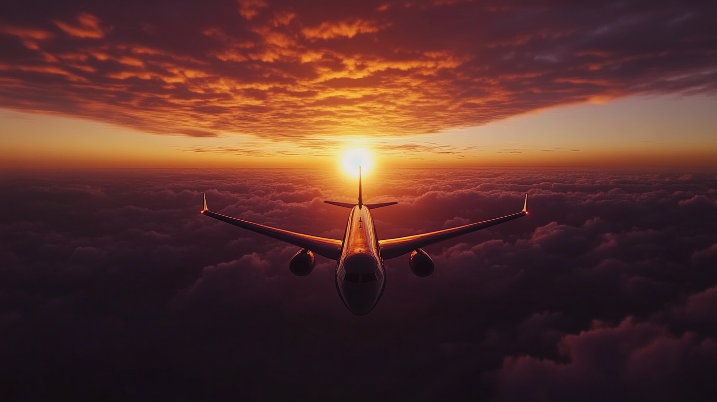 A large airplane is flying above the clouds during a vibrant sunset. The sun is setting directly in front of the plane, casting a warm orange and red glow across the sky and clouds. The silhouette of the aircraft is prominently visible against the colorful backdrop.