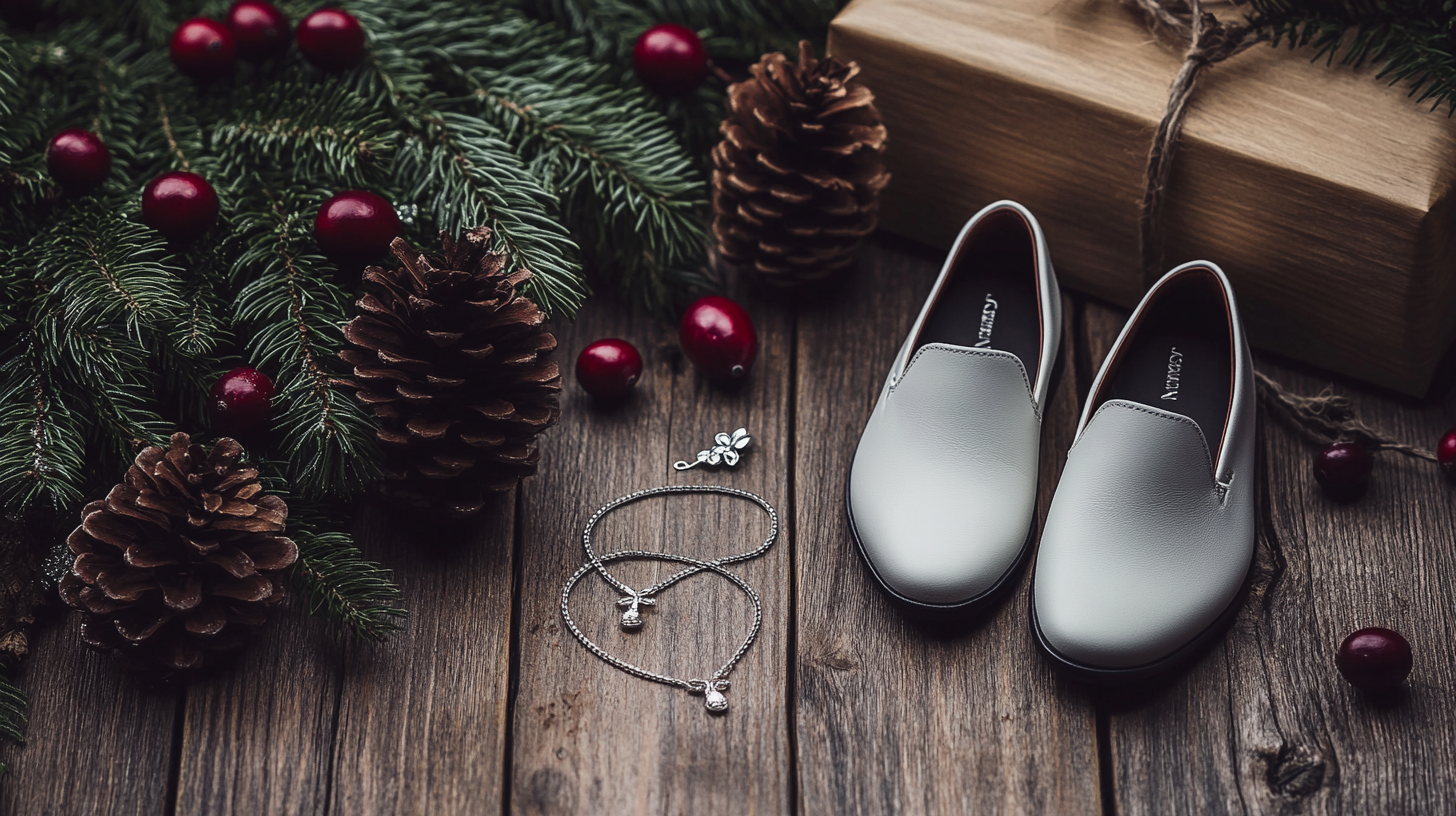 The image shows a pair of white slip-on shoes placed on a wooden surface. To the left, there are pine branches with red berries and several pinecones. In the center, there is a silver bracelet and a small silver flower-shaped accessory. In the background, there is a wrapped gift box tied with twine. The scene has a festive, holiday feel.