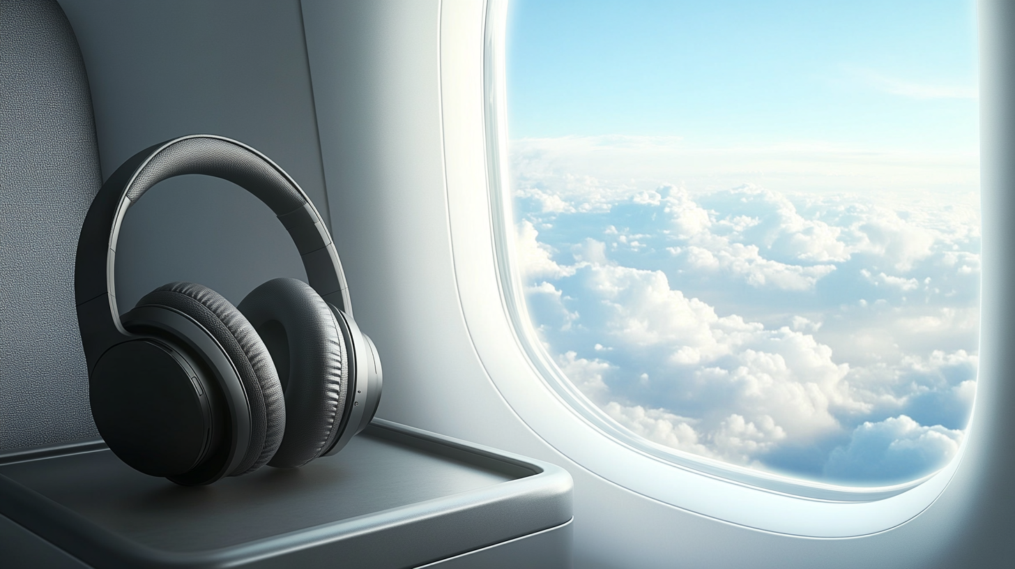 The image shows a pair of black over-ear headphones resting on a tray table inside an airplane. The window next to the table reveals a view of fluffy white clouds and a clear blue sky.