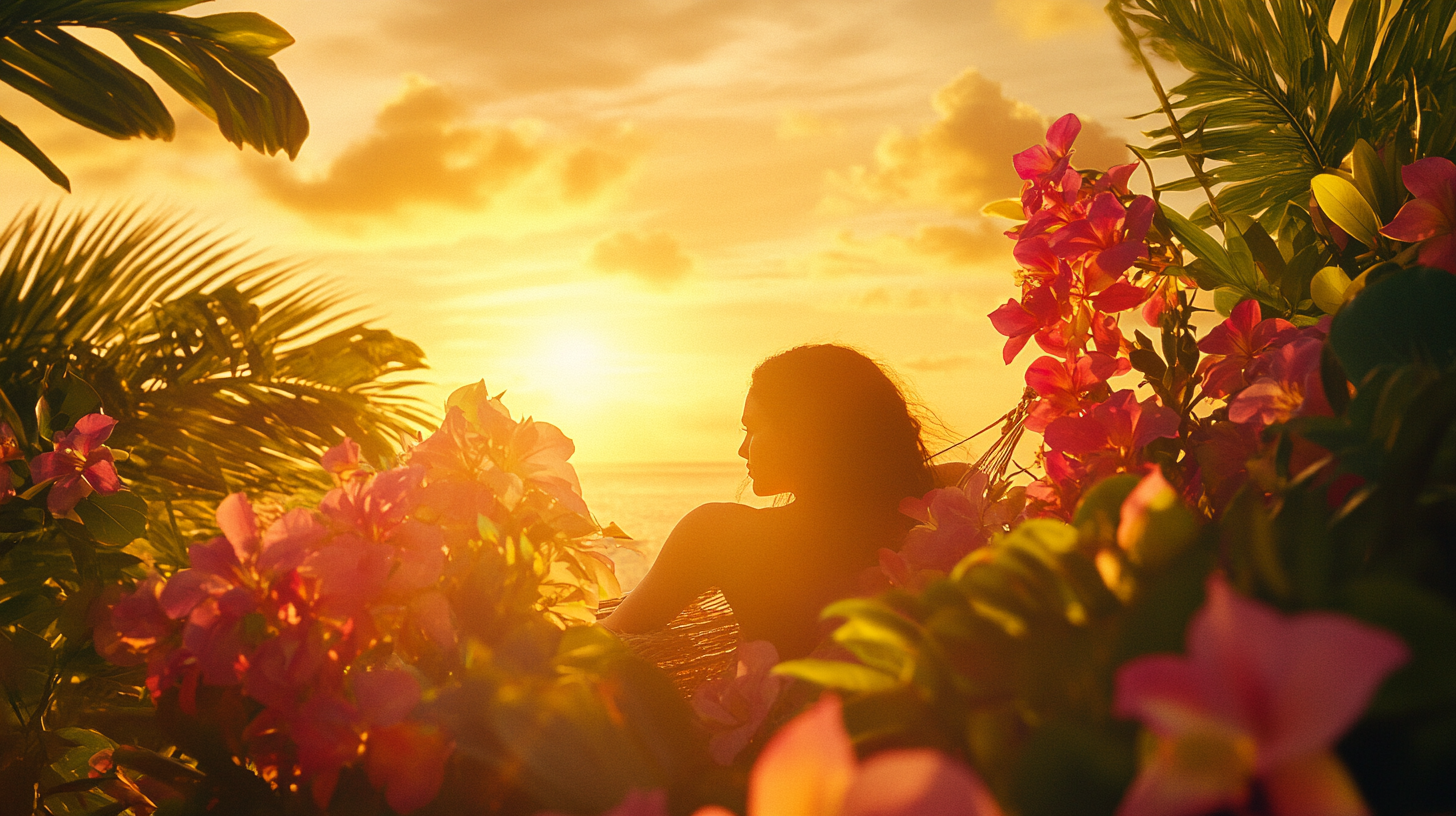 A person with long hair is sitting in a hammock surrounded by vibrant pink flowers and lush green leaves. The scene is set against a stunning sunset over the ocean, with the sky filled with warm orange and yellow hues.