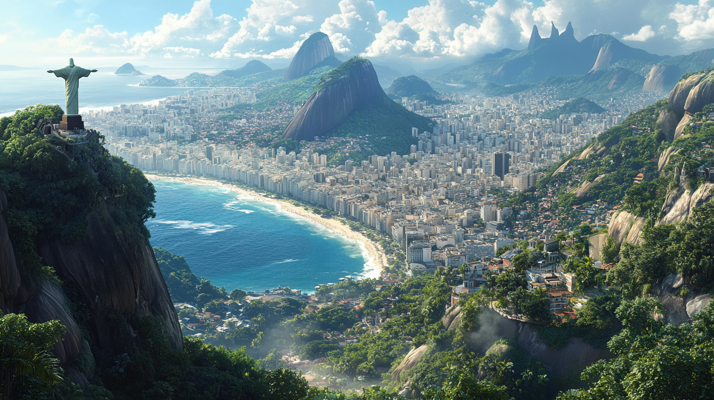 Aerial view of Rio de Janeiro, Brazil, featuring the iconic Christ the Redeemer statue on a mountain overlooking the city. Below, the cityscape stretches along the coastline with a sandy beach and blue ocean. Lush green mountains surround the urban area, and the sky is partly cloudy.