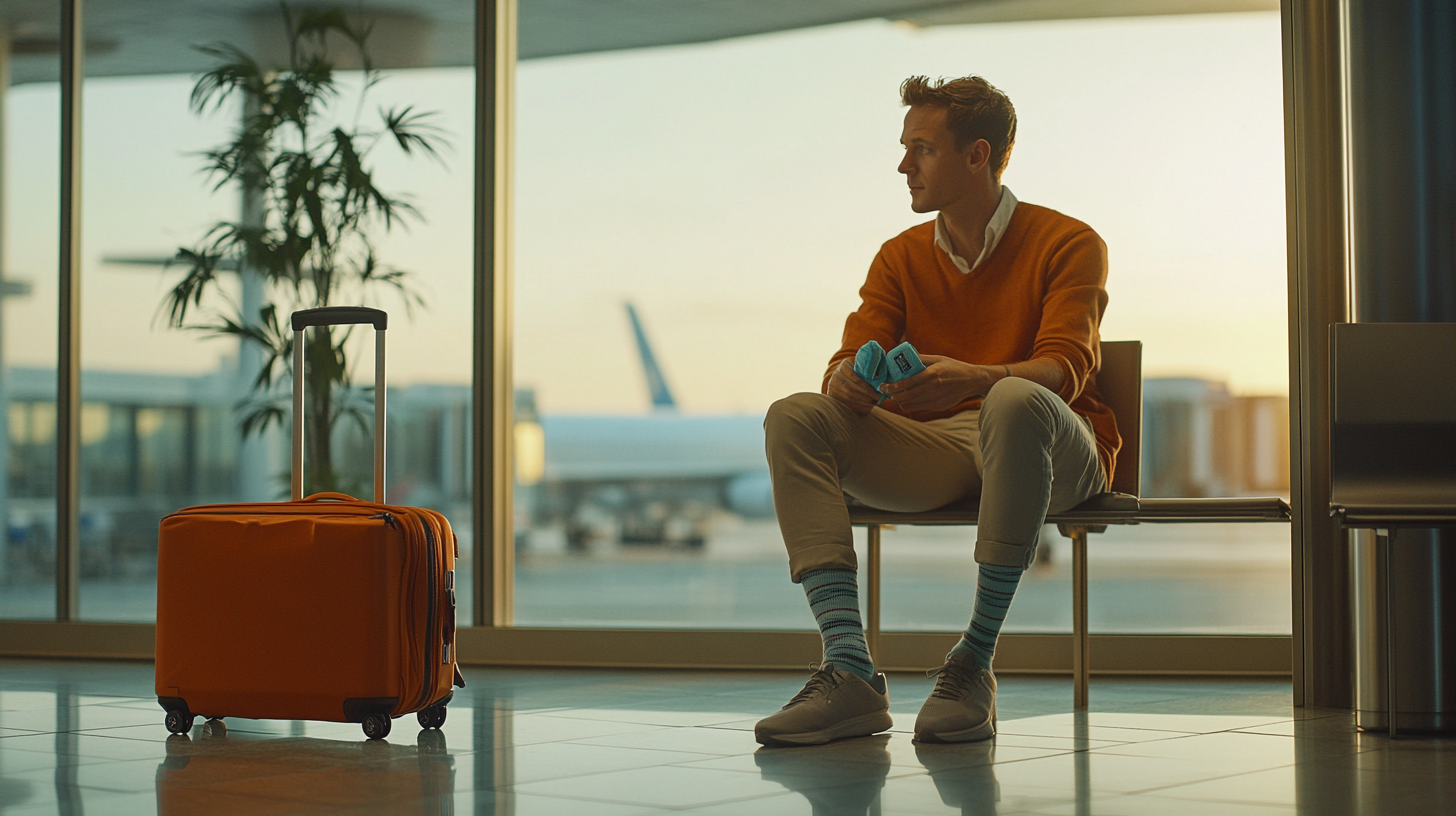 A man is sitting in an airport terminal, holding a small item in his hands. He is wearing a bright orange sweater, beige pants, and striped socks with casual shoes. Next to him is an orange suitcase on wheels. In the background, there is a large window with a view of an airplane on the tarmac and a potted plant nearby. The scene is lit by natural light, suggesting it is either sunrise or sunset.