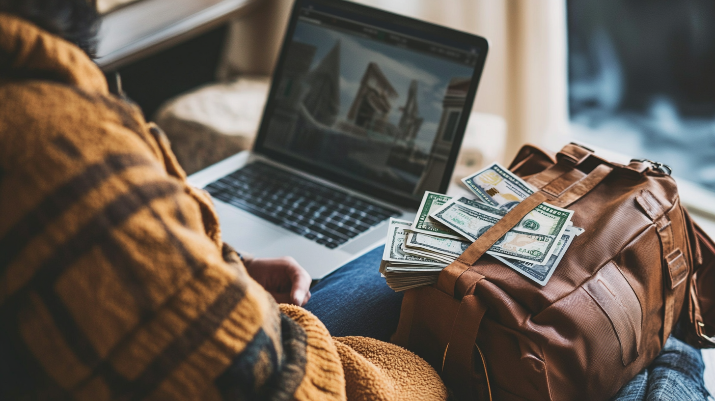 A person wearing a brown plaid jacket is sitting in front of a laptop with a blurred screen. Next to them is a brown leather bag with stacks of U.S. dollar bills partially sticking out.