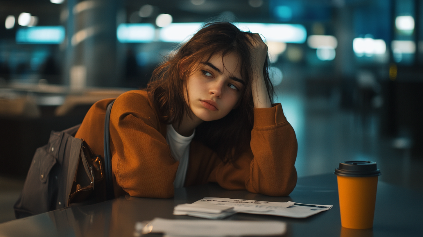 A person with long hair is sitting at a table in a dimly lit setting, resting their head on one hand and looking to the side with a thoughtful expression. They are wearing a brown jacket and have a backpack next to them. On the table, there are some papers and a yellow takeaway coffee cup. The background is blurred, suggesting an indoor public space like an airport or a café.