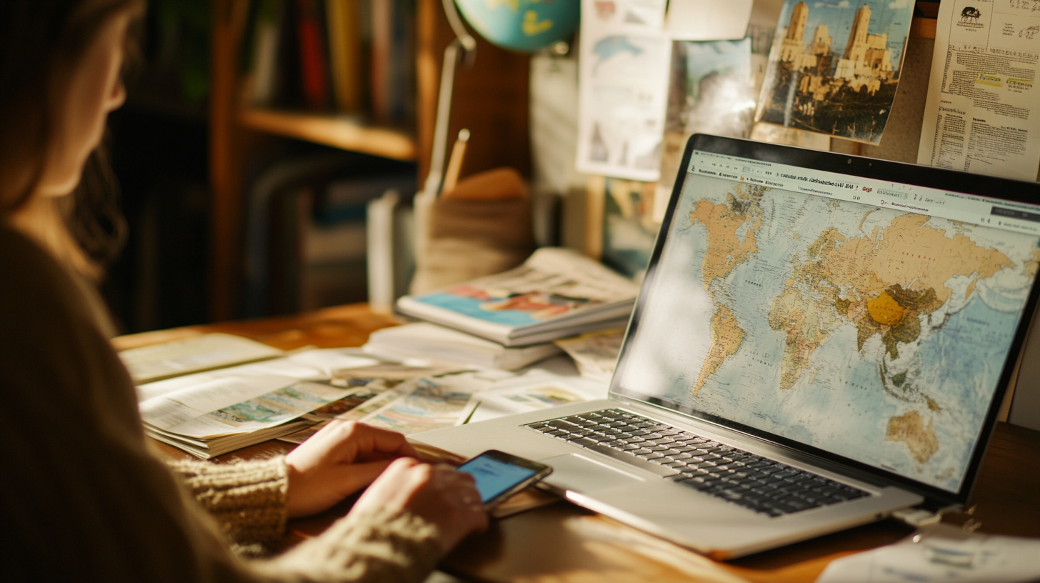 A person is sitting at a desk with a laptop displaying a world map. The desk is cluttered with open books, papers, and a smartphone. In the background, there are shelves with books and a globe. The scene is warmly lit, suggesting a cozy study or workspace.