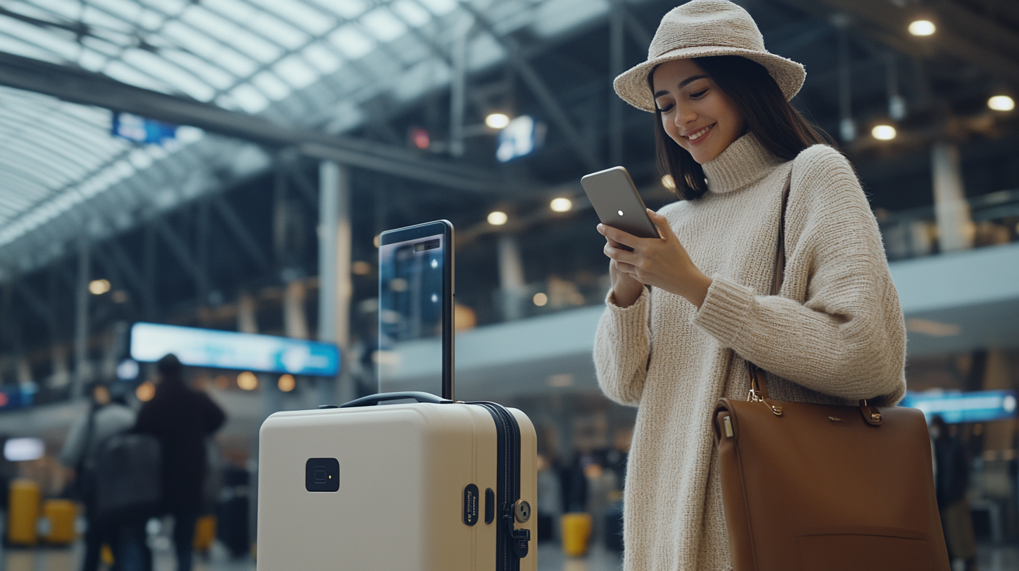 A woman in a beige sweater and hat is standing in an airport terminal, smiling at her smartphone. She has a brown handbag over her shoulder and a white suitcase with a digital screen next to her. The background shows a modern, spacious airport with people and signage.