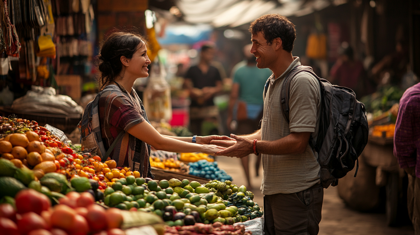 A man and a woman are smiling at each other while holding hands in a vibrant outdoor market. They are surrounded by colorful fruits and vegetables, including tomatoes, oranges, and avocados. The market is bustling with activity, and both individuals are casually dressed, with the man wearing a backpack.