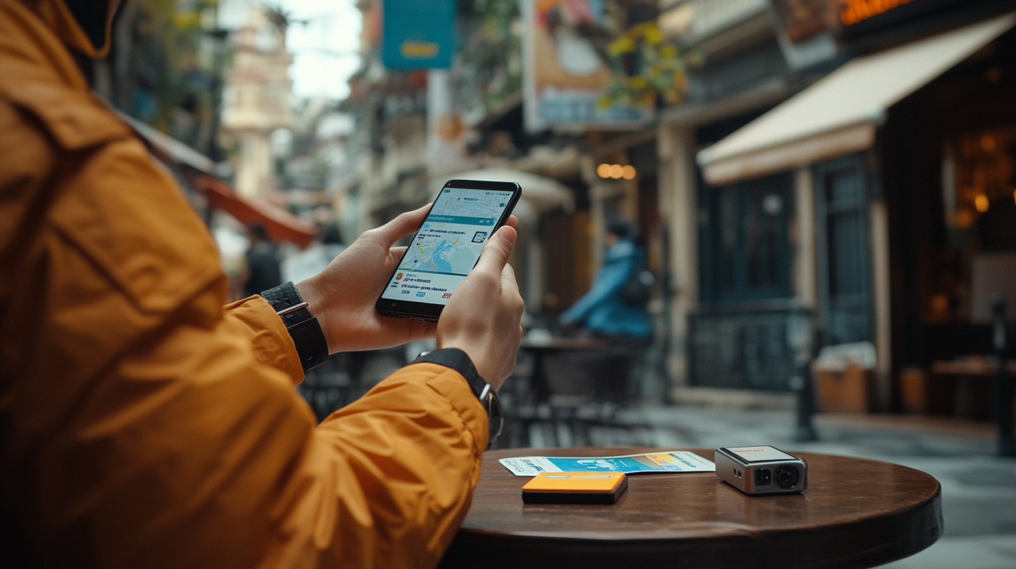 A person wearing an orange jacket is holding a smartphone displaying a map application. They are sitting at an outdoor café table, which has a small camera and a couple of cards on it. The background shows a blurred view of a street with shops and people walking.