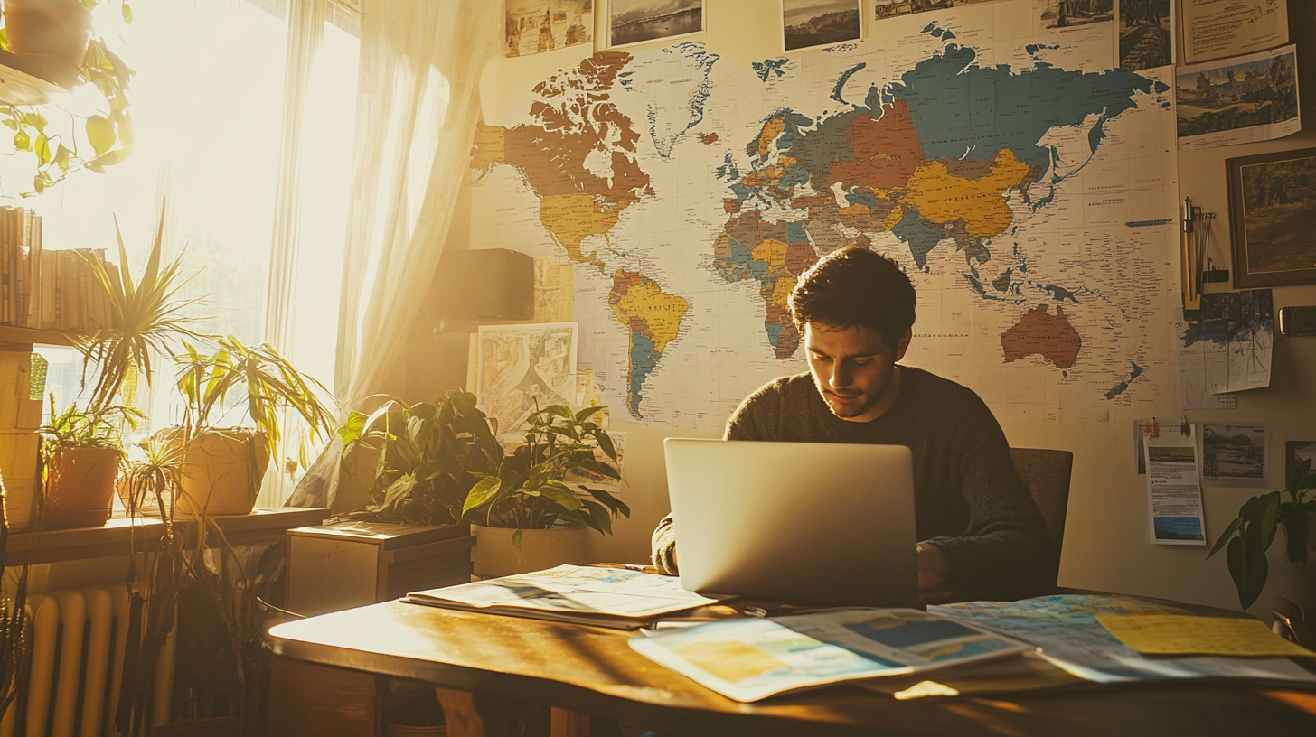 A person is sitting at a desk using a laptop in a sunlit room. The wall behind them features a large world map. The desk is cluttered with papers and maps, and there are several potted plants on the windowsill. Sunlight streams through a window, creating a warm and inviting atmosphere.