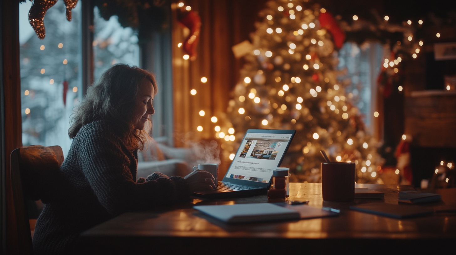 A woman is sitting at a wooden table, using a laptop in a cozy, warmly lit room. She is holding a steaming mug. In the background, there is a decorated Christmas tree with glowing lights, and stockings are hanging by a window. The scene has a festive and comfortable atmosphere.