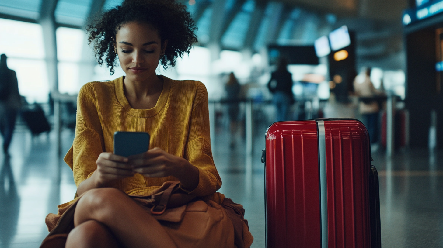 A woman is sitting in an airport terminal, looking at her smartphone. She is wearing a yellow sweater and has a red suitcase next to her. The background shows other travelers and airport signage.