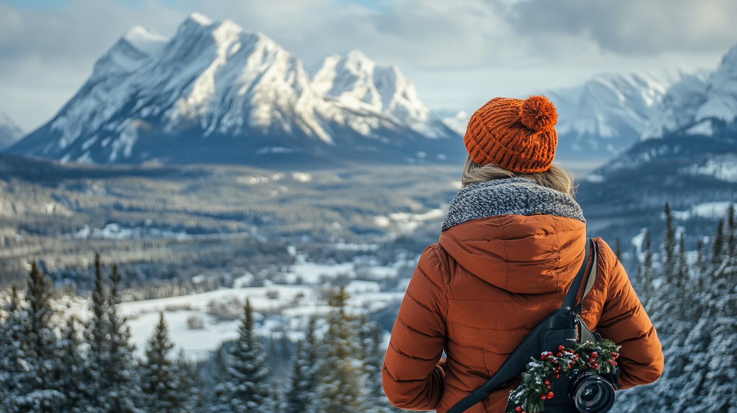 A person wearing an orange winter jacket and a matching knit hat is standing with their back to the camera, looking at a snowy mountain landscape. The person has a camera with festive decorations slung over their shoulder. The scene includes snow-covered trees and distant mountains under a cloudy sky.